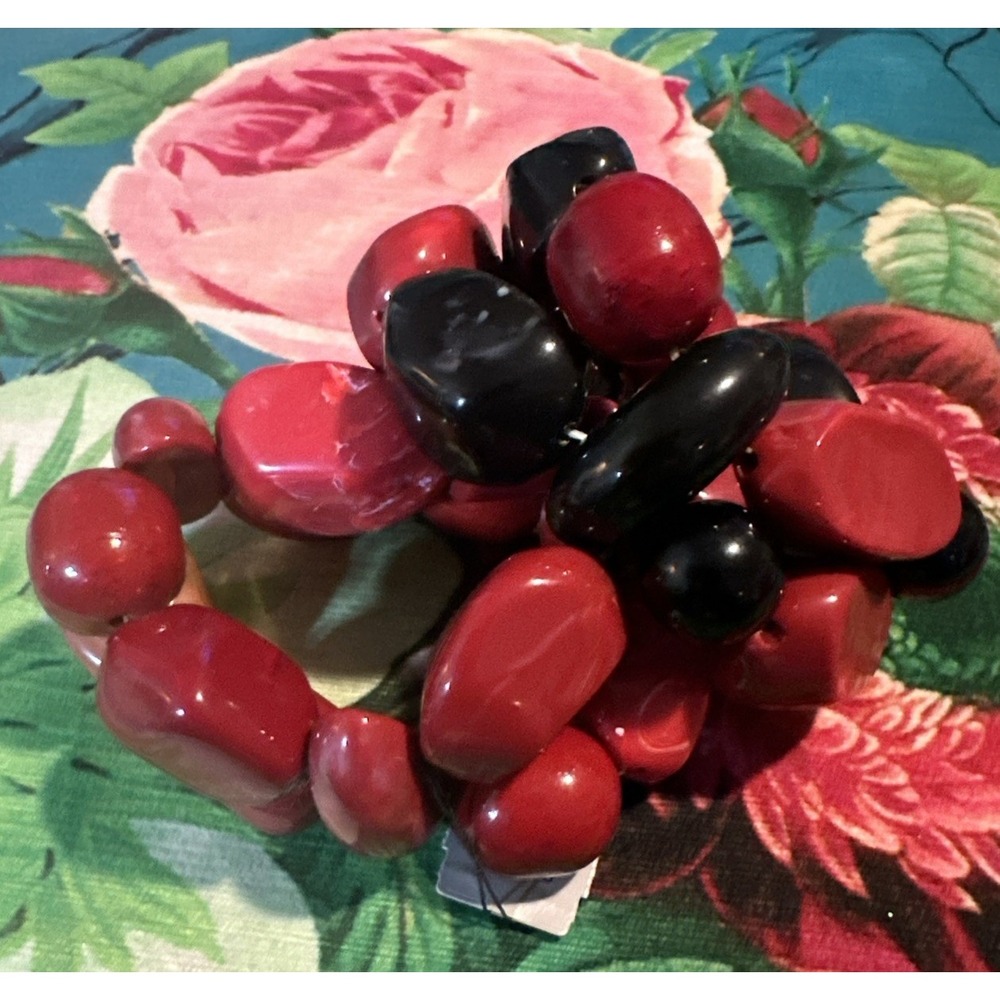 Two Vintage Chunky Red-Red +Black Coral Stretch Bracelets